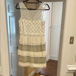 Badgley Mischka White and Silver Fringe Mini Dress